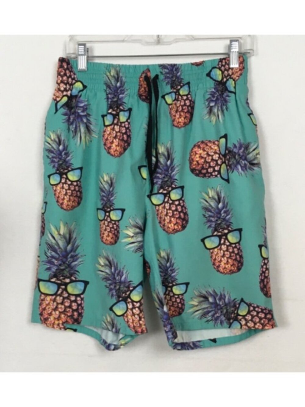 Mens Swim Short Size L Blue with Pineapples Wearing Sunglasse Side Front Pockets